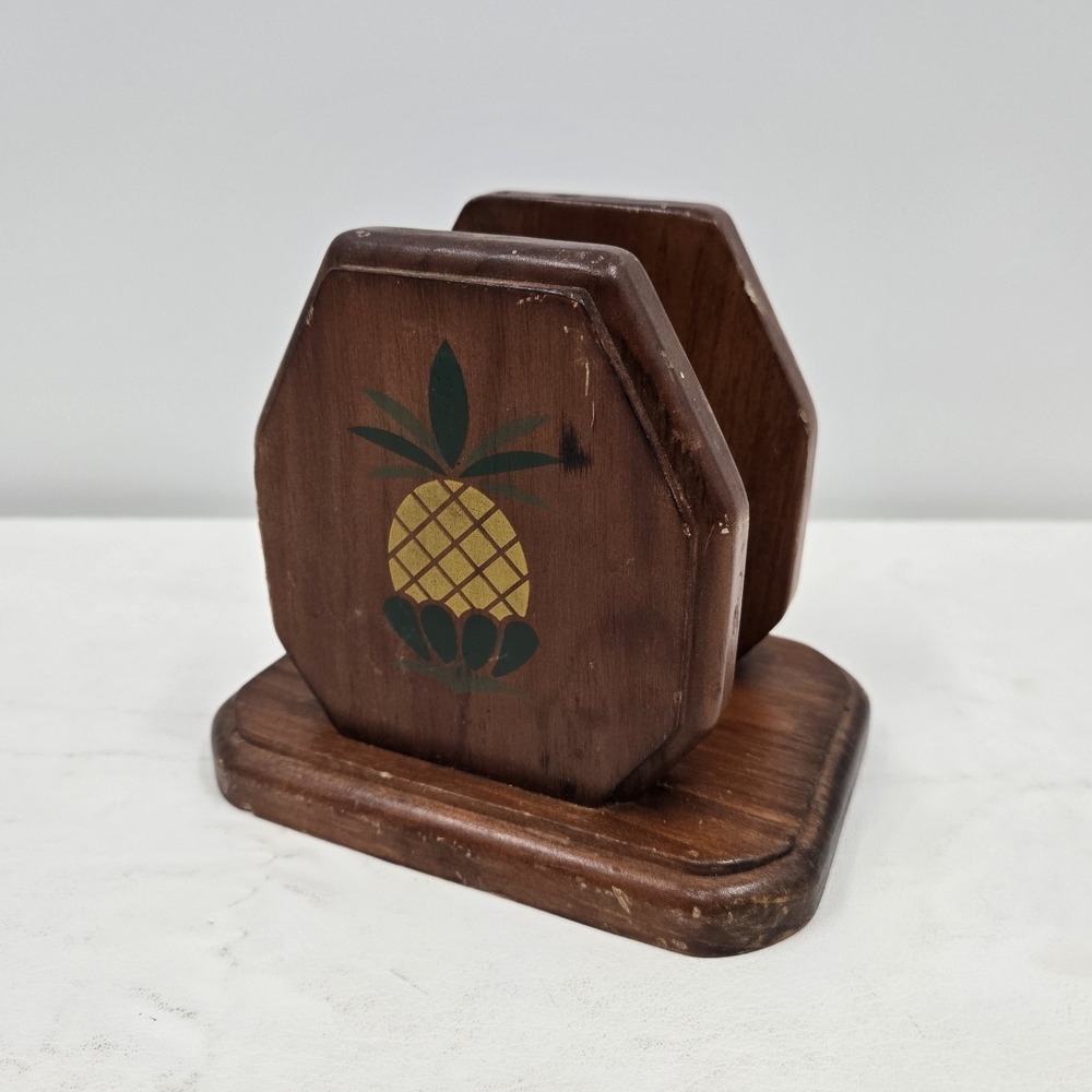 Wooden Napkin Holder With Pineapple Motif Vintage Circa 1970's